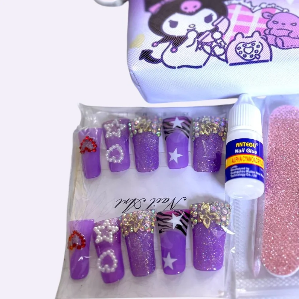 Y2K HANDMADE DUCK SHAPE PURPLE LEOPARD CHARM‎ FAKE NAIL SET LARGE NEW